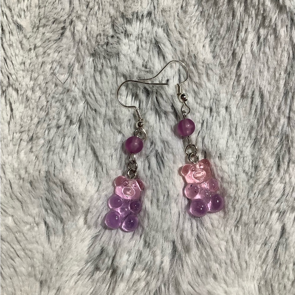 Two tone pink and purple hand crafted gummy bear earrings